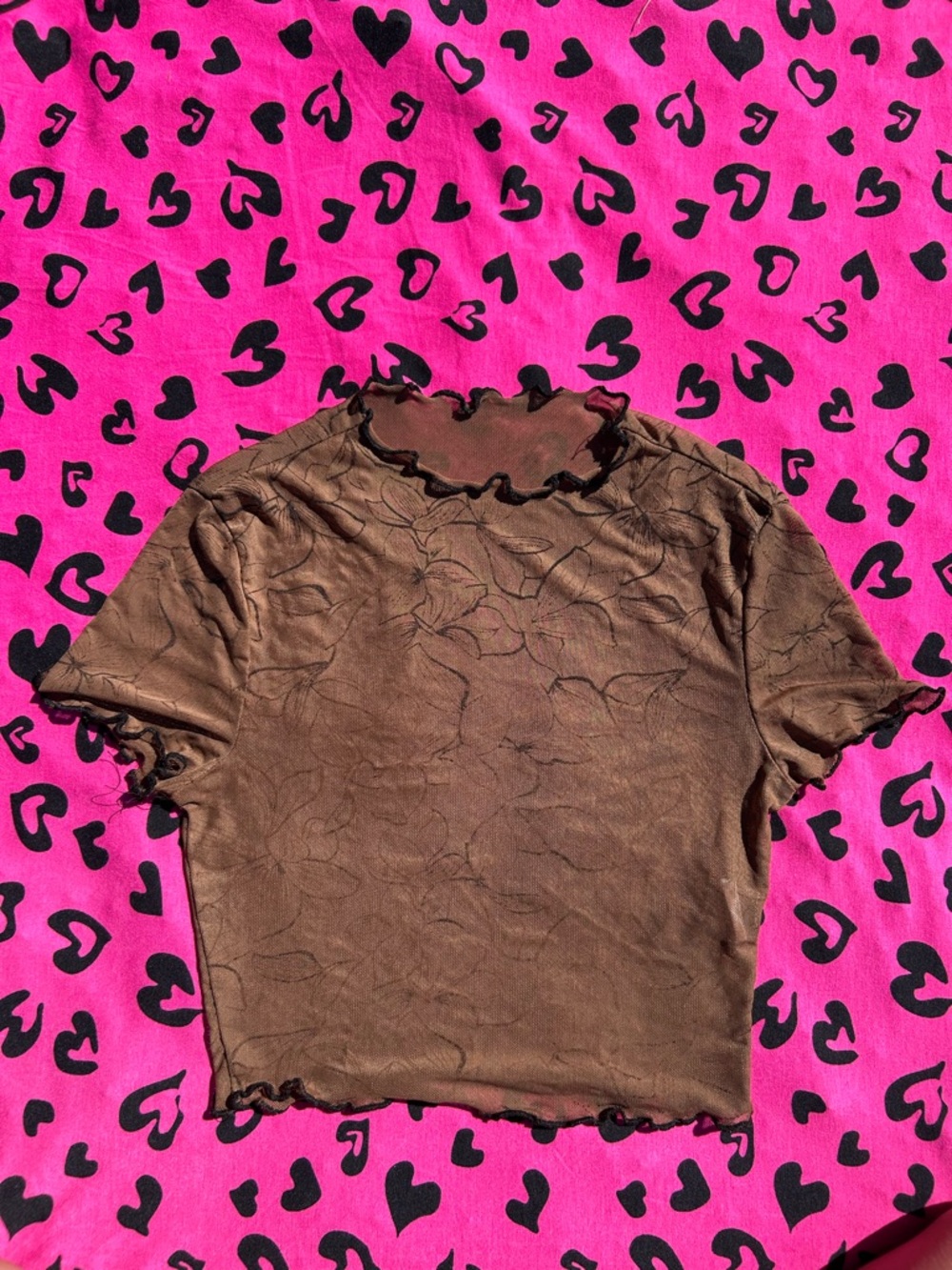SHEIN Brown Floral Sheer Crop Top